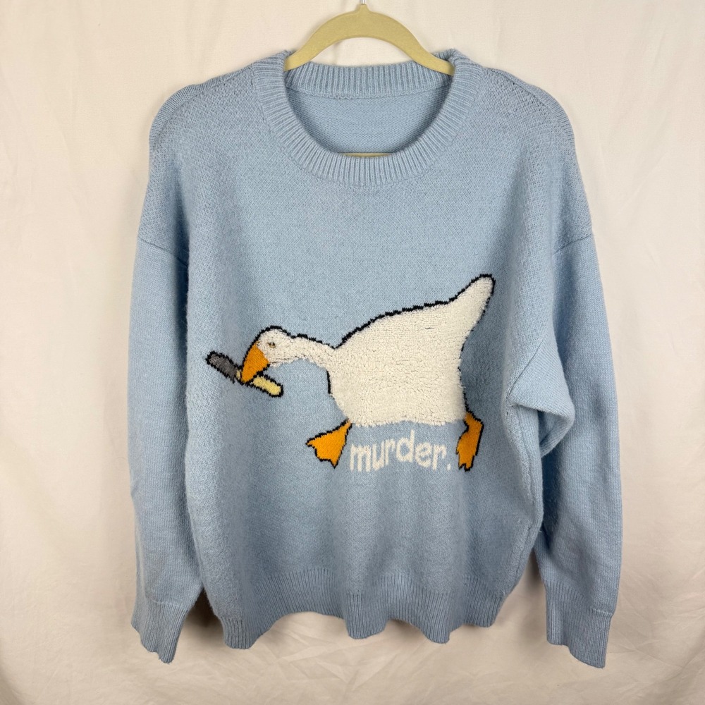 Aelfric Eden Murder Goose Light Blue Crewneck Sweater XL Irreverent Funny Cozy